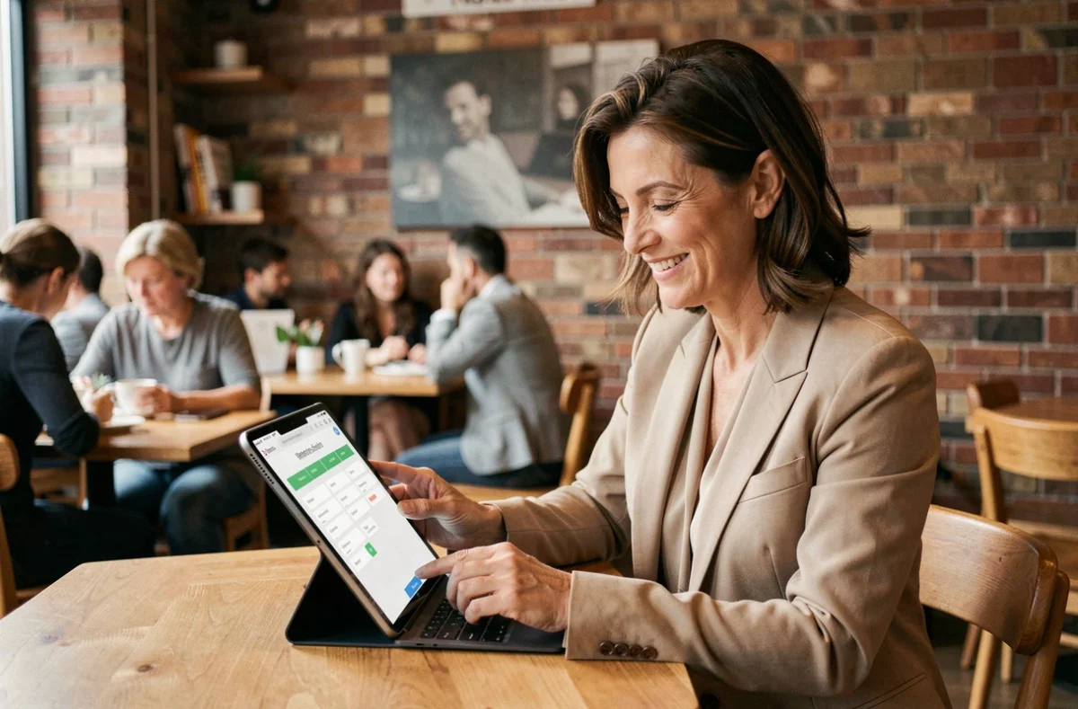 Femme accédant à un espace membre depuis sa tablette dans un café moderne