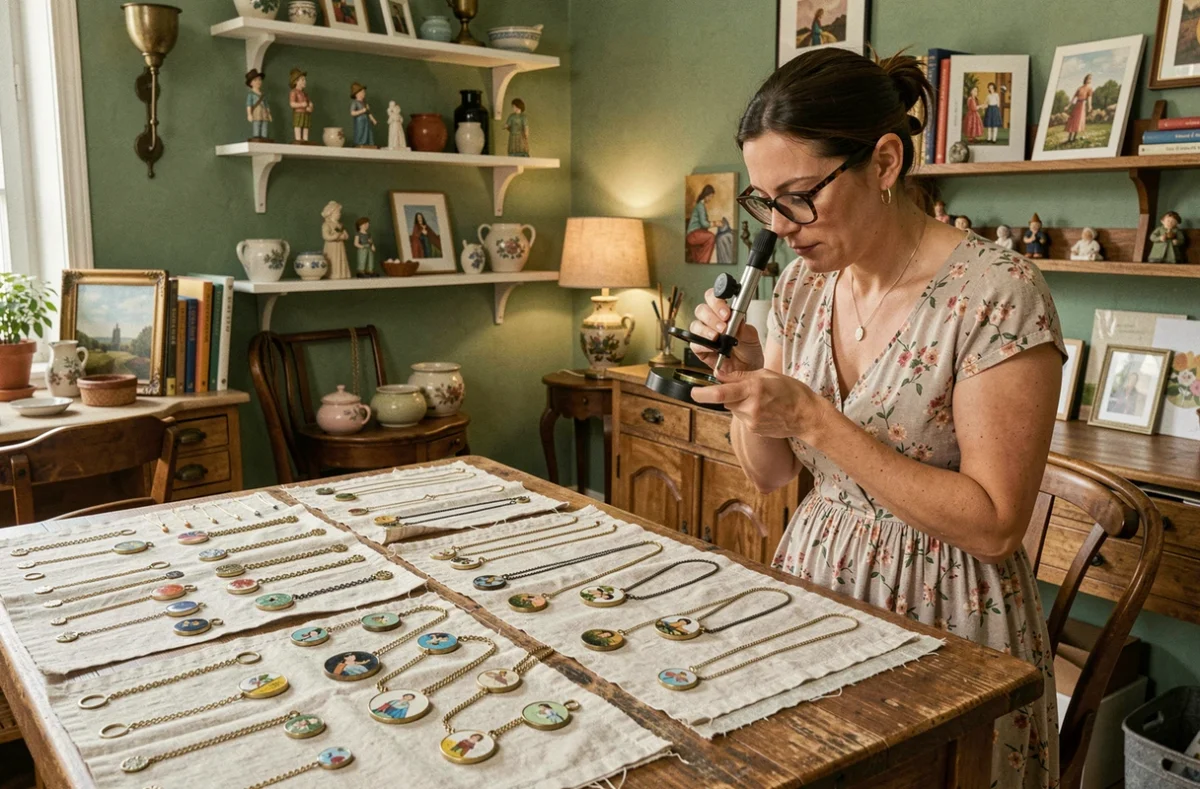 Créatrice de la boutique Contes à Ninon à Montpellier examinant un pendentif artisanal avec des bijoux uniques étalés sur tissu de lin