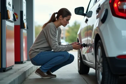 Femme vérifiant la pression des pneus de sa voiture