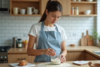 Femme mesurant des ingrédients secs avec un verre doseur gradué dans une cuisine moderne, apprenant les conversions de volume en cm et en millilitres