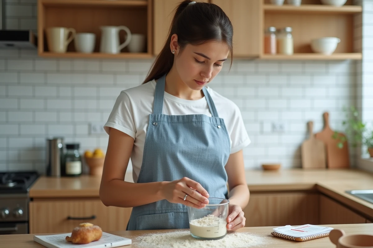 Femme mesurant des ingrédients secs avec un verre doseur gradué dans une cuisine moderne, apprenant les conversions de volume en cm et en millilitres
