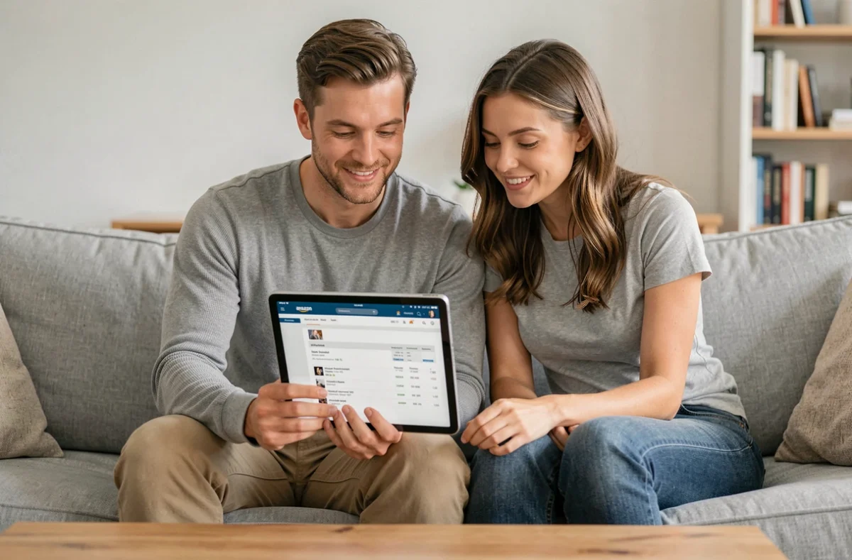 Couple consultant ensemble l'historique de commandes Amazon sur une tablette dans un salon familial pour archiver une commande partagée