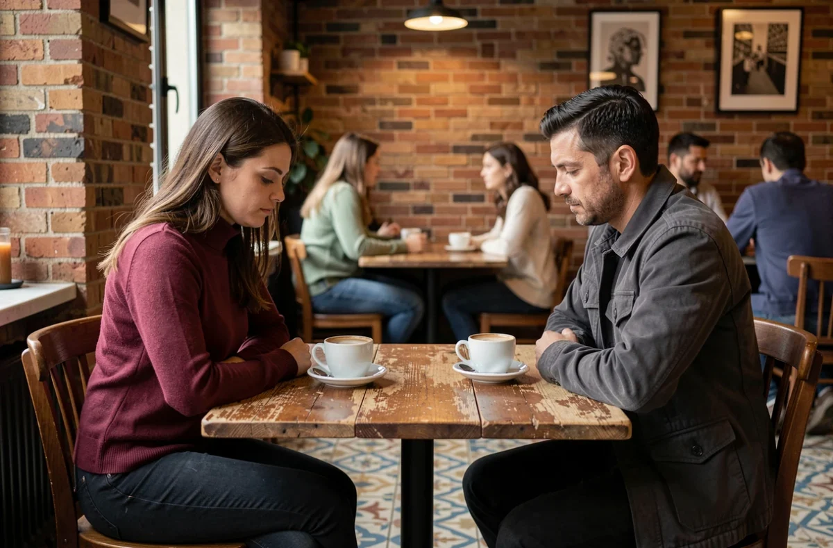 Couple en silence dans un café face à face lors d'une séparation douloureuse et d'un amour impossible