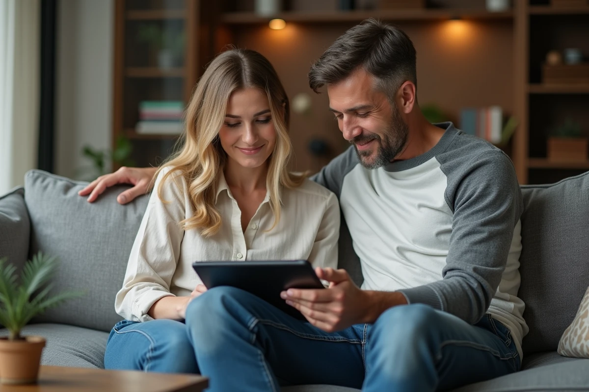 Couple comparant des forfaits mobiles pas chers sur tablette dans leur salon