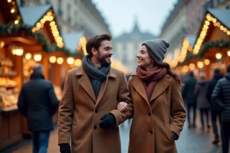 Couple souriant dans marché de Noël à Lyon en hiver