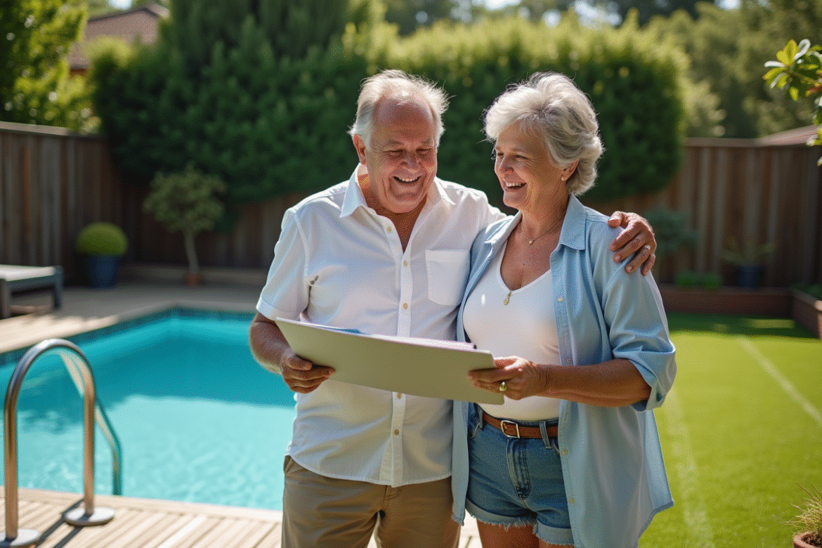 Couple souriant devant une piscine moderne dans leur jardin