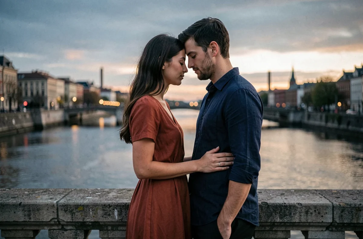 Couple adulte front contre front sur un pont au crépuscule, symbolisant la réunion des âmes sœurs et le retour de l'être aimé dans le contexte des flammes jumelles