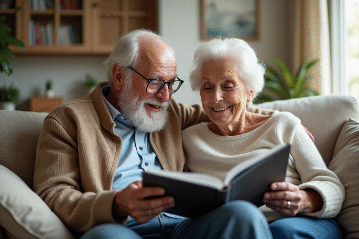 Couple senior souriant avec album photo dans le salon