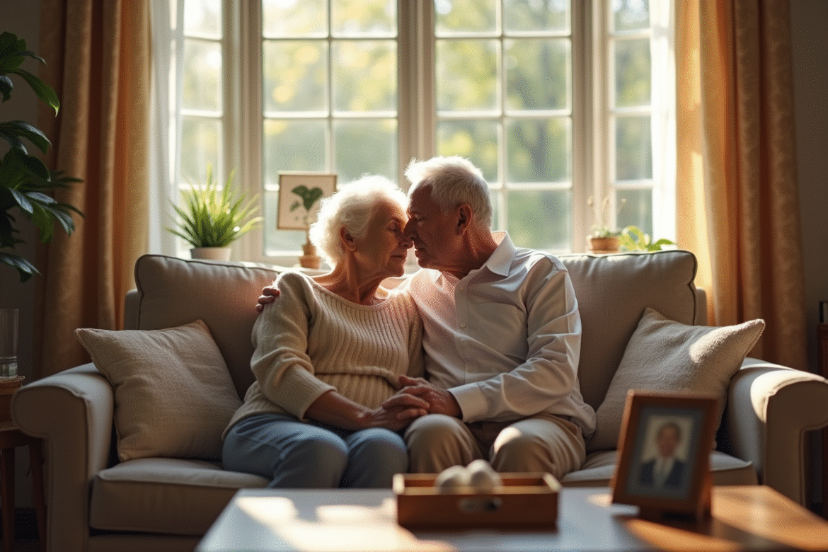 Couple senior assis sur un sofa lumineux en famille