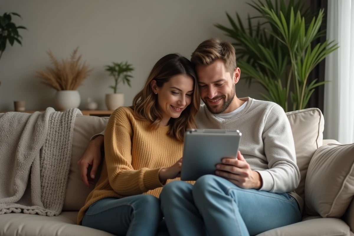 Couple se reposant ensemble sur un canapé dans un salon confortable, moment de tendresse et de complicité