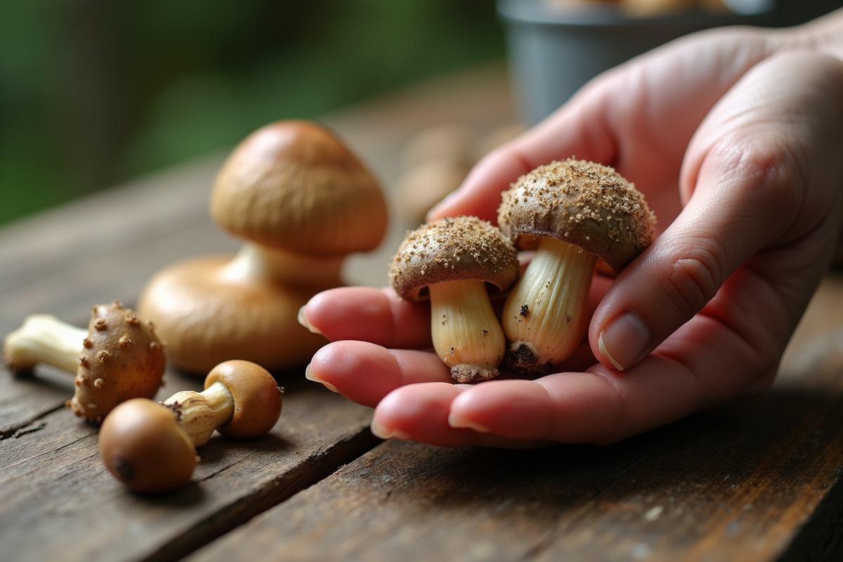 Main de cueilleur avec divers champignons sur table en bois