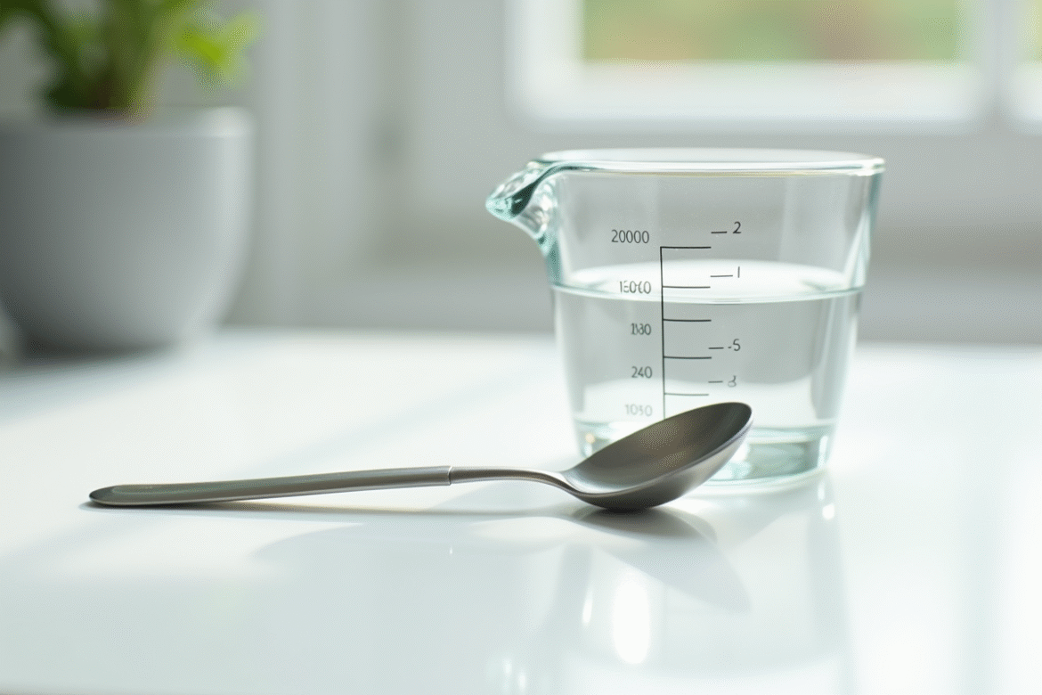 Cuillère en inox remplie d'eau avec verre doseur blanc