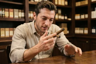 Homme débutant tenant un cigare non allumé dans une boutique de tabac traditionnelle