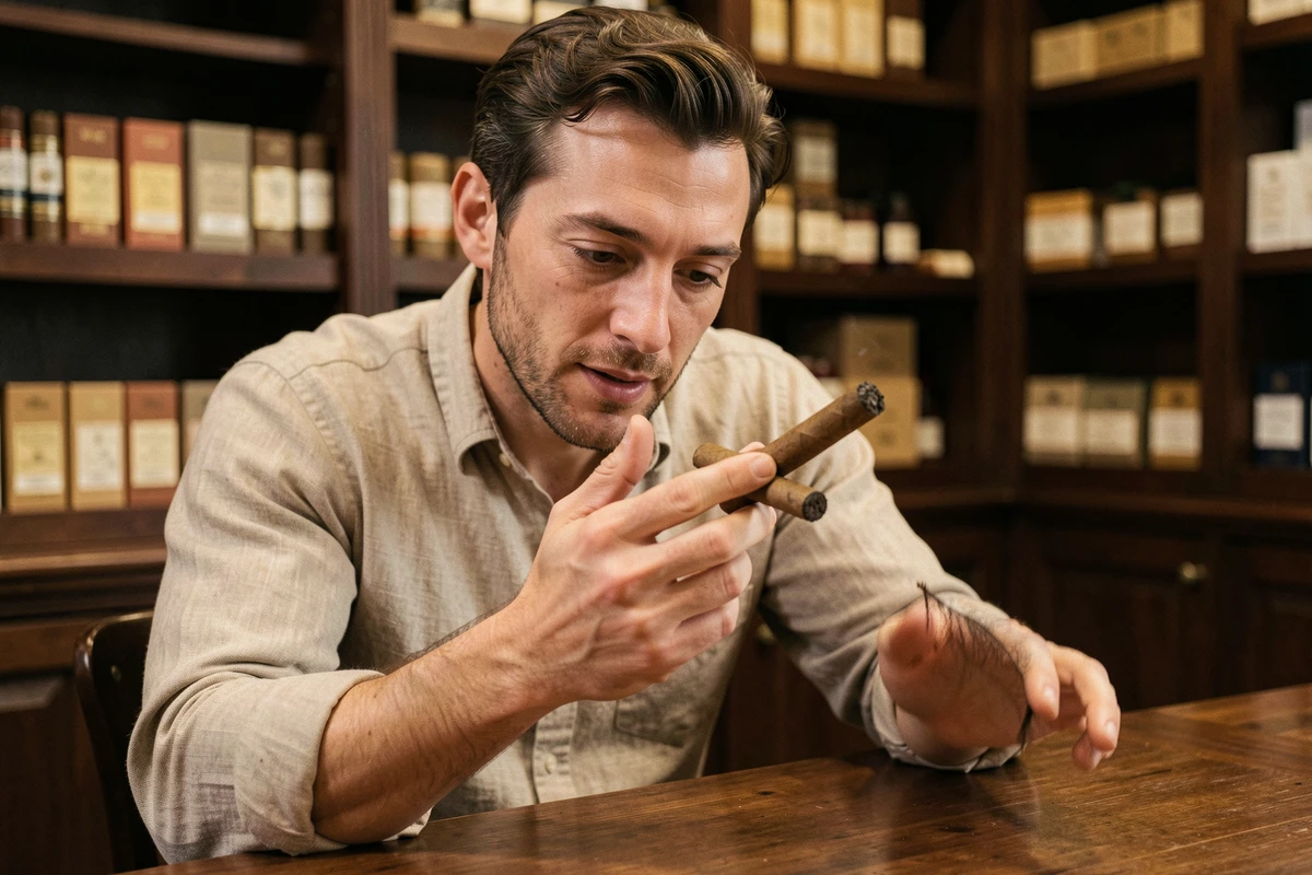 Homme débutant tenant un cigare non allumé dans une boutique de tabac traditionnelle