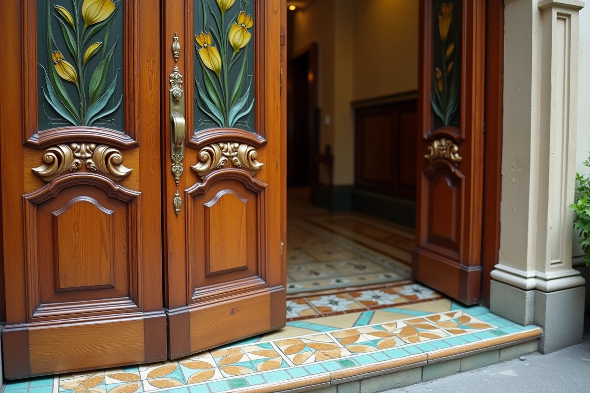 Détail d'une porte Art nouveau avec reliefs floraux en plâtre, mosaïque de carreaux et vitrail en verre plombé aux motifs organiques