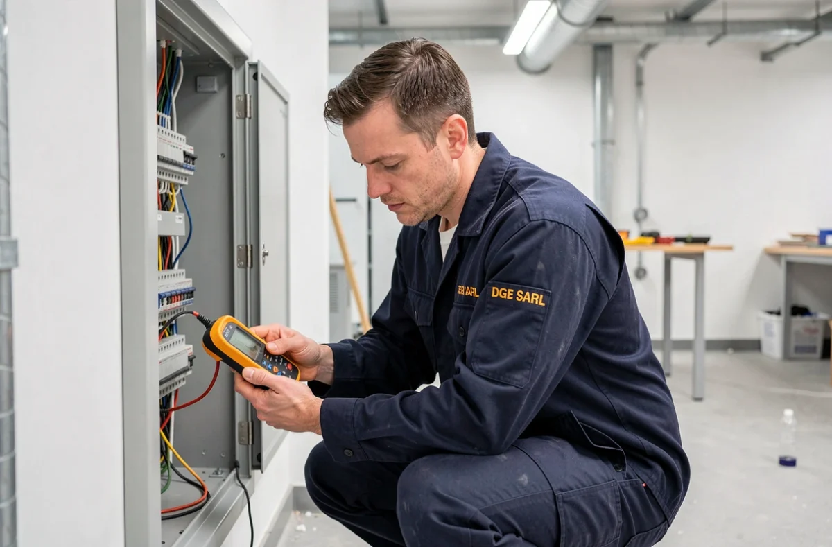 Un technicien de D.G.E. SARL intervenant sur un tableau électrique dans un bâtiment commercial à Colmar
