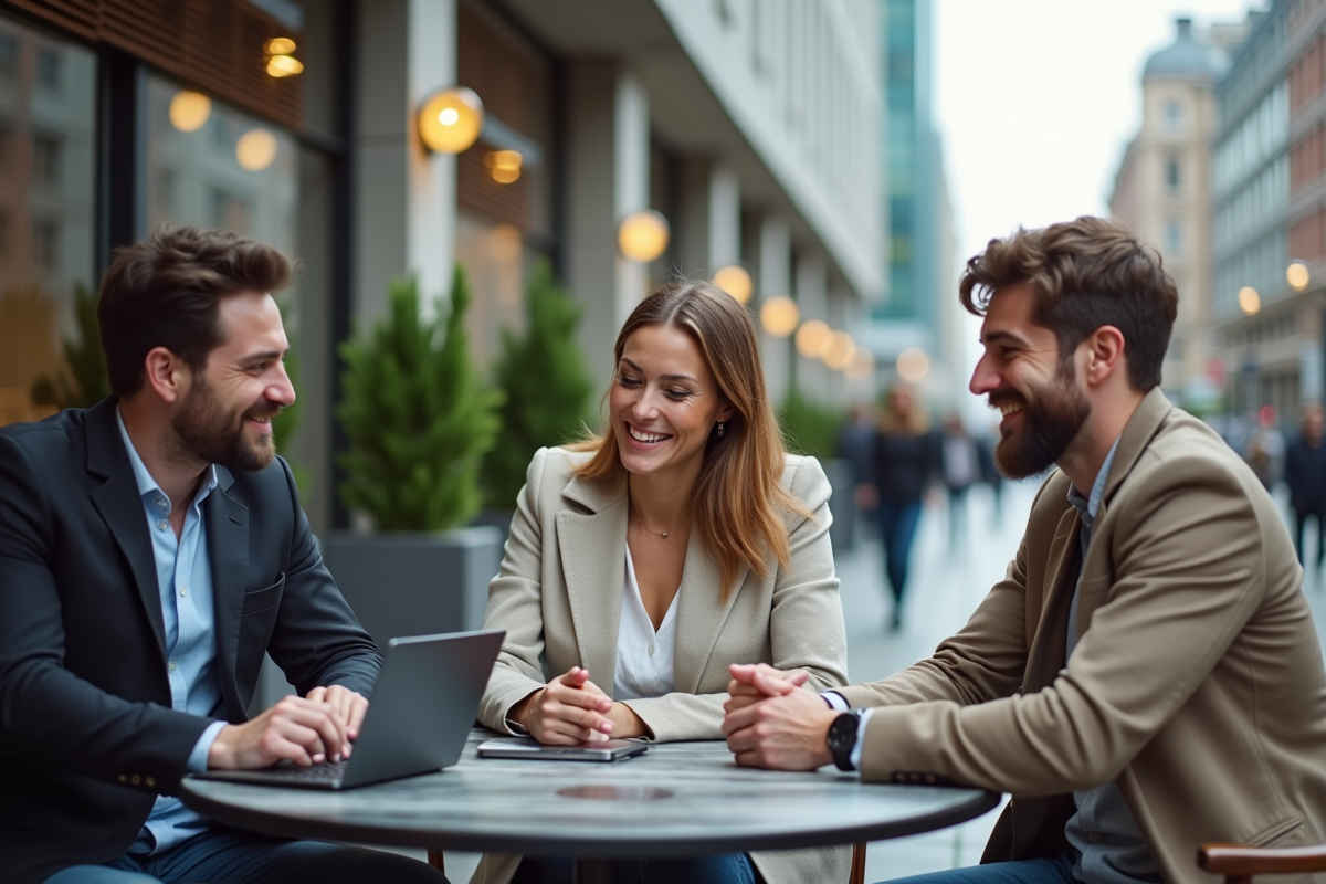 Groupe de professionnels discutant fintech en terrasse urbaine