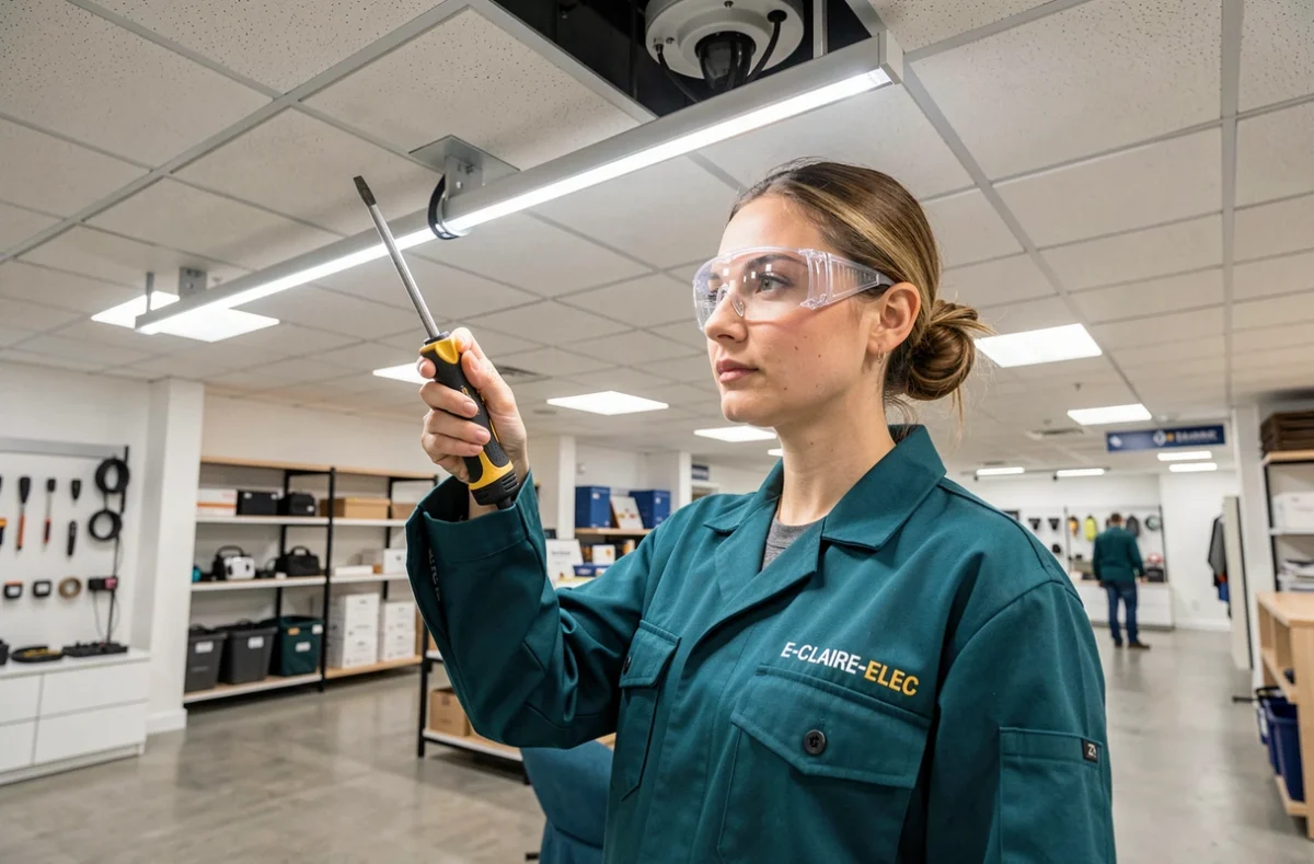 Une électricienne d'E-claire-elec installant des luminaires LED dans le plafond d'un espace commercial moderne à Colmar