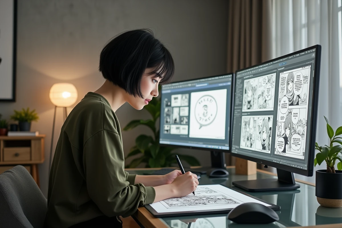 Femme éditant des scanlations de manga sur tablette graphique dans un appartement minimaliste moderne