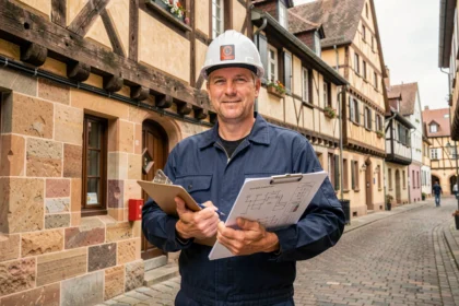 Un électricien professionnel devant une maison à colombages alsacienne typique de Colmar, tenant des plans électriques