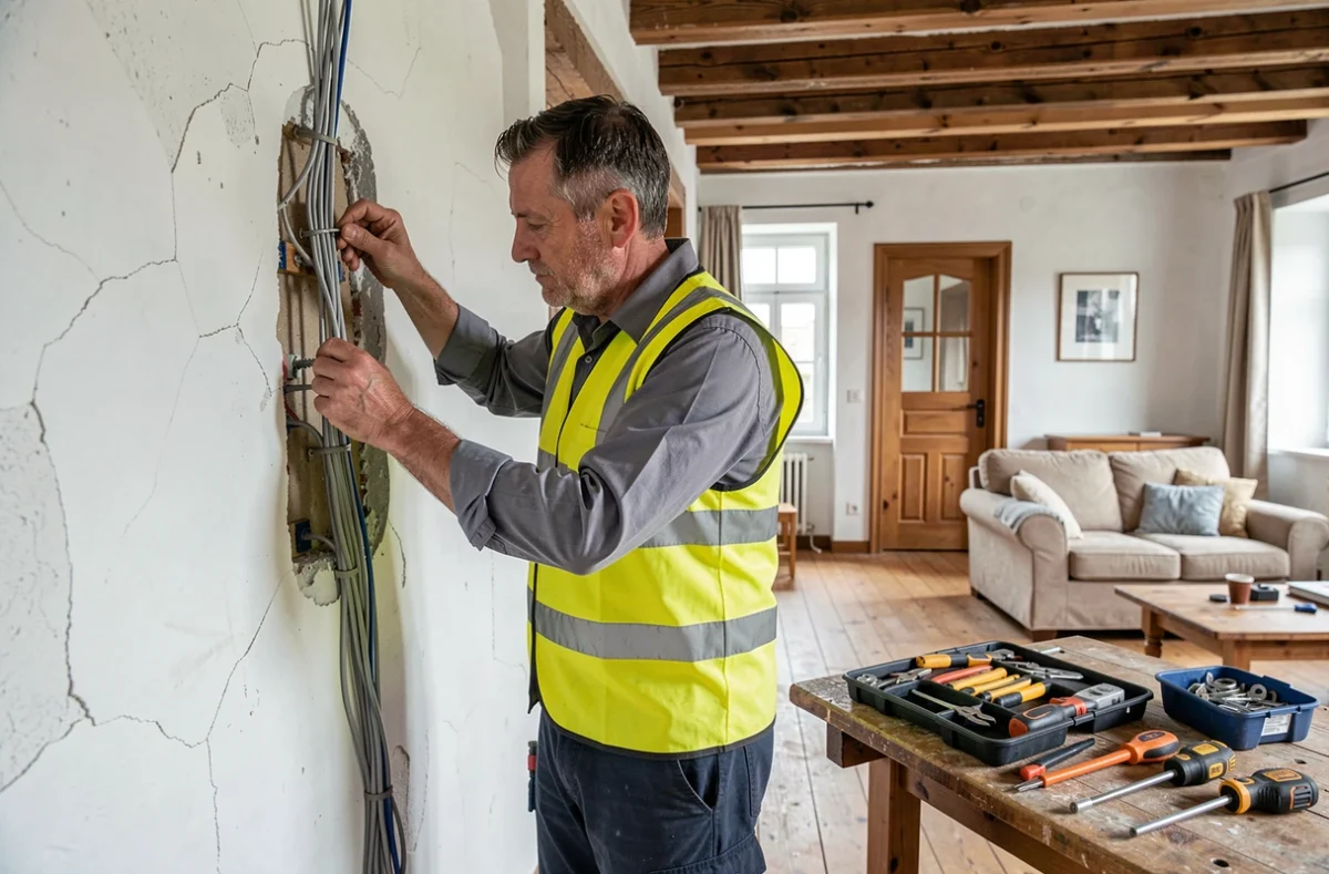 Un électricien d'Électricité Colmar posant des câblages dans un appartement résidentiel alsacien en rénovation