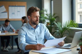 Employé du secteur privé consultant un calendrier de mai 2026 dans un bureau moderne