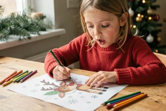 Jeune fille coloriant un dessin de Noël imprimé représentant un renne, assise à une table en bois avec des crayons de couleur éparpillés