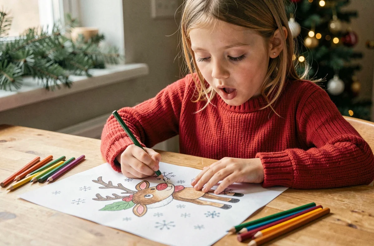 Jeune fille coloriant un dessin de Noël imprimé représentant un renne, assise à une table en bois avec des crayons de couleur éparpillés