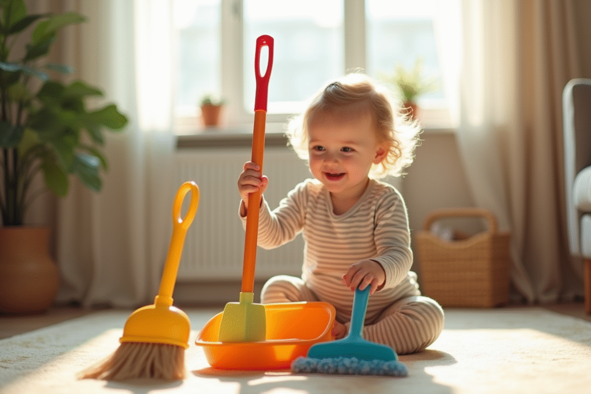Enfant jouant avec un kit de ménage coloré dans le salon