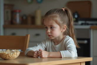 Fille de 8 ans pensive assise à la table de cuisine