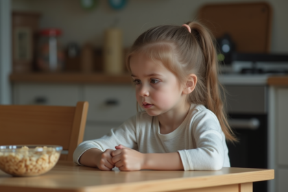 Fille de 8 ans pensive assise à la table de cuisine
