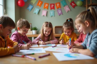 Groupe d'enfants coloriant lors d'un anniversaire joyeux