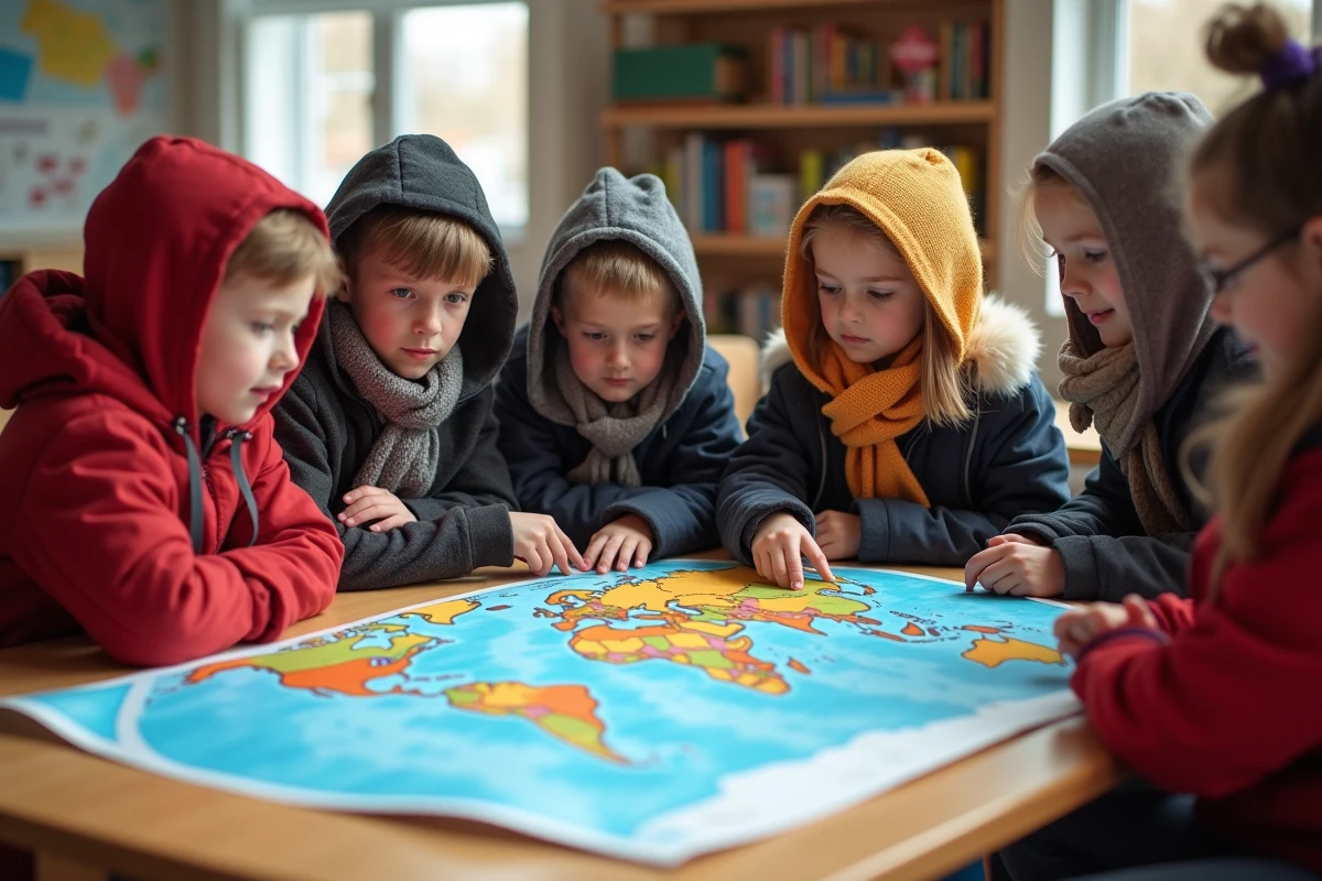 Enfants regardant une carte du monde en classe