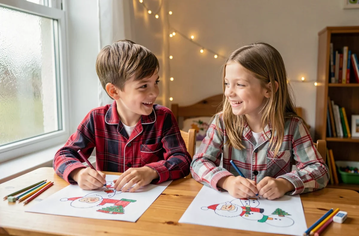 Deux enfants en pyjama à carreaux coloriant ensemble des dessins de Noël imprimés représentant le Père Noël, assis côte à côte près d'une fenêtre givrée