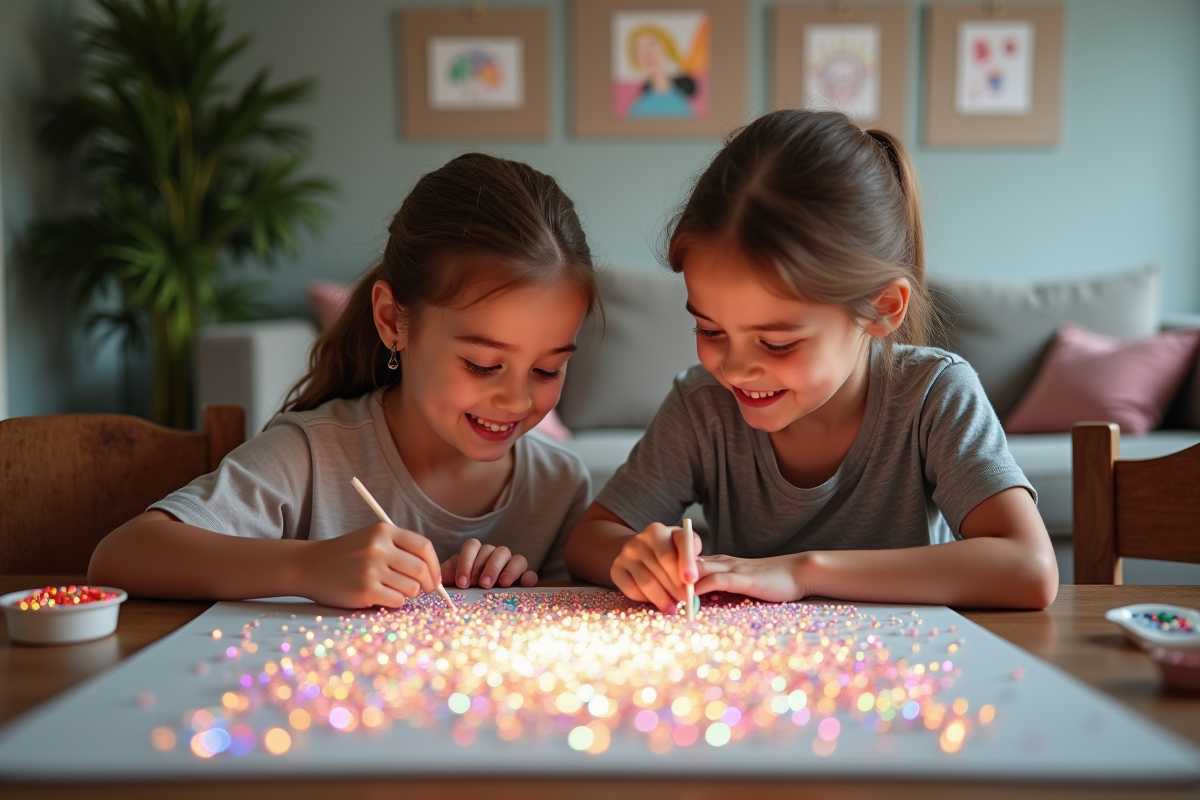 Deux enfants créant un diamant peinture dans le salon familial