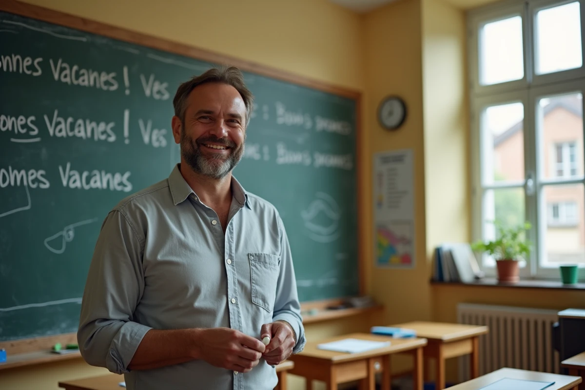 Enseignant devant un tableau avec les expressions bonnes vacances et bons vacances écrites à la craie