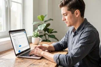 Entrepreneur remplissant sa déclaration de création en ligne sur ordinateur portable