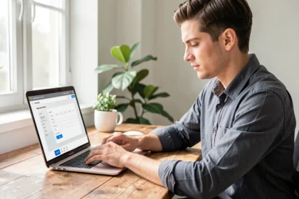 Entrepreneur remplissant sa déclaration de création en ligne sur ordinateur portable