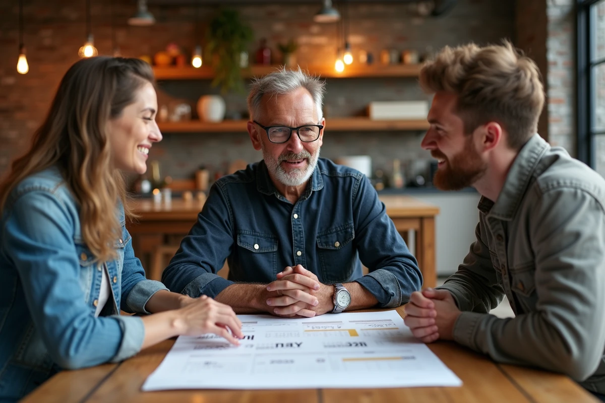 Équipe mixte en discussion autour d'un calendrier des jours fériés de mai 2026 dans un espace de coworking