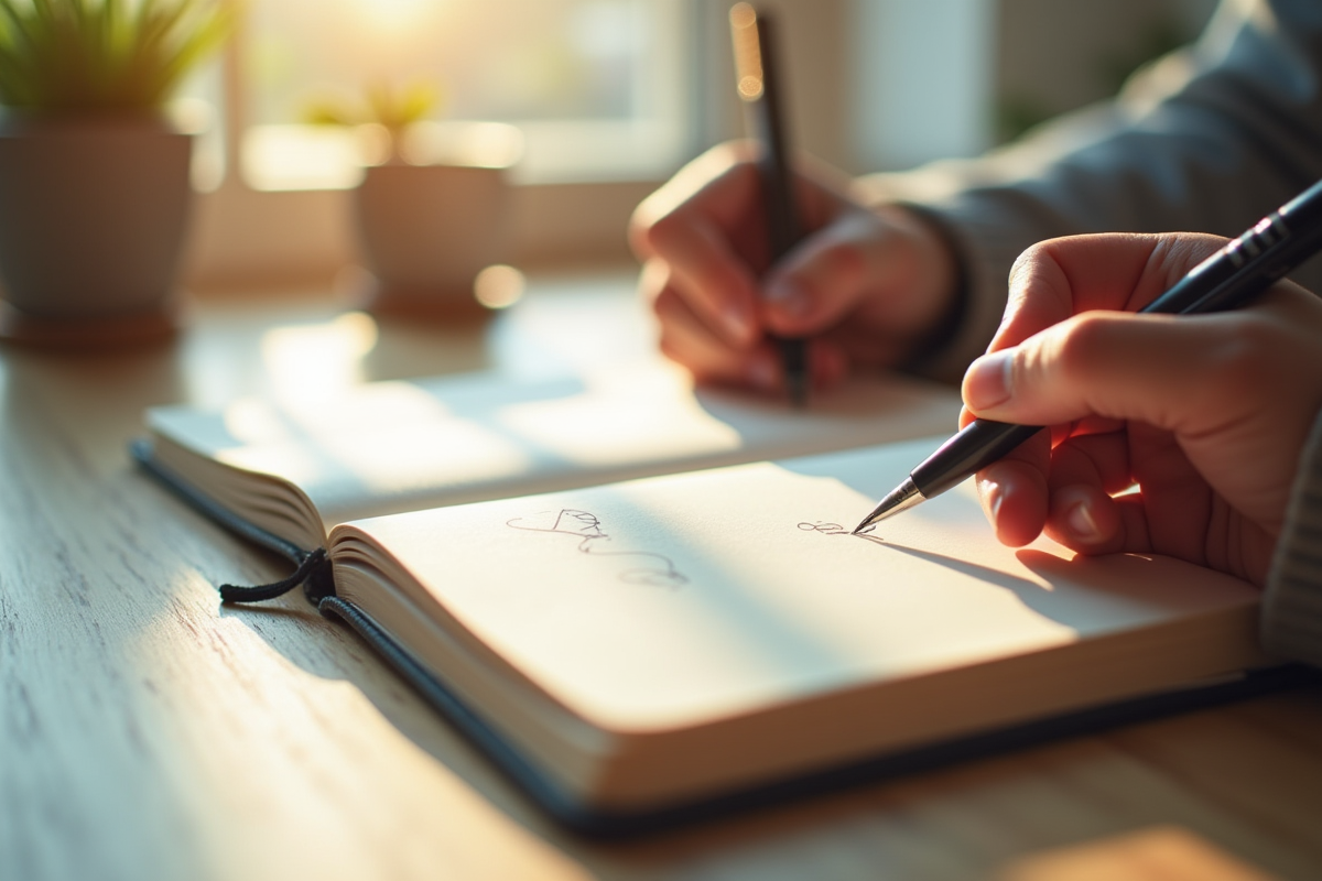 Espace de travail minimaliste avec carnet ouvert et main qui écrit