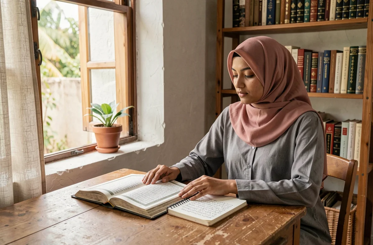 Jeune femme voilée étudiant la sourate Al Kahf avec un Coran et des notes manuscrites dans un espace de lecture calme à la maison