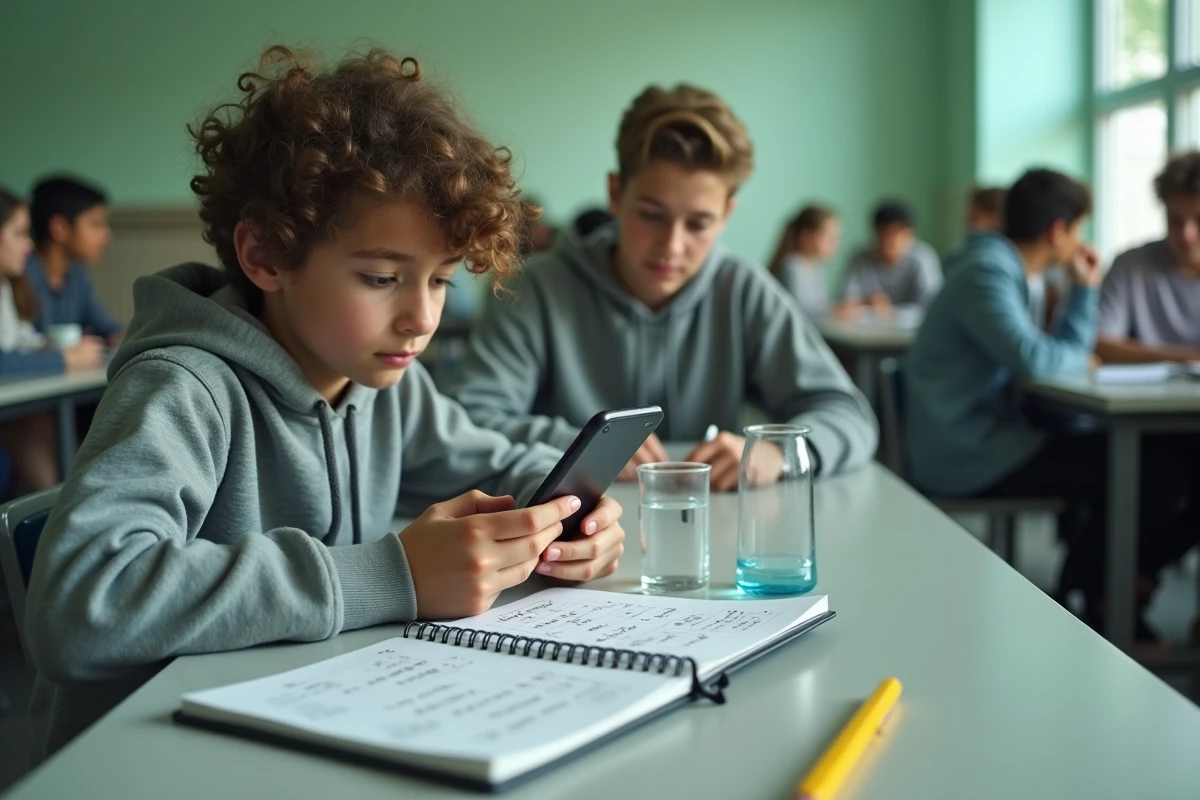 Étudiant consultant son téléphone pour des conversions de volume en cm cubes et litres dans une cafétéria scolaire, avec un cahier de notes manuscrites et un bécher en plastique