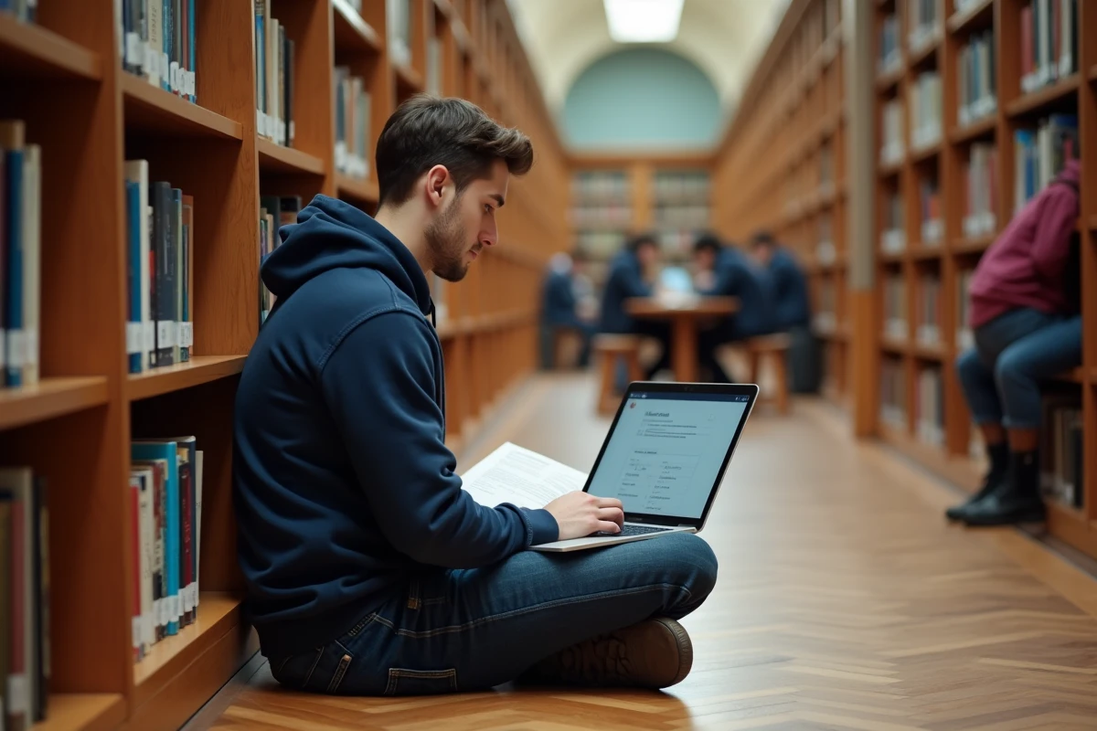 Jeune homme consultant des ressources de grammaire française sur ordinateur portable dans une bibliothèque universitaire