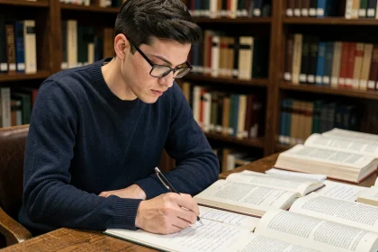Étudiant en philosophie annotant un livre de Thomas Hobbes dans une bibliothèque universitaire