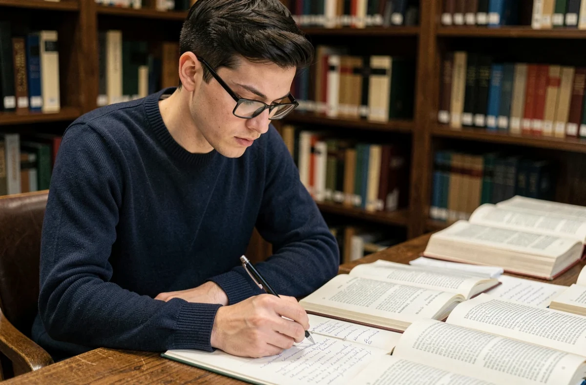 Étudiant en philosophie annotant un livre de Thomas Hobbes dans une bibliothèque universitaire