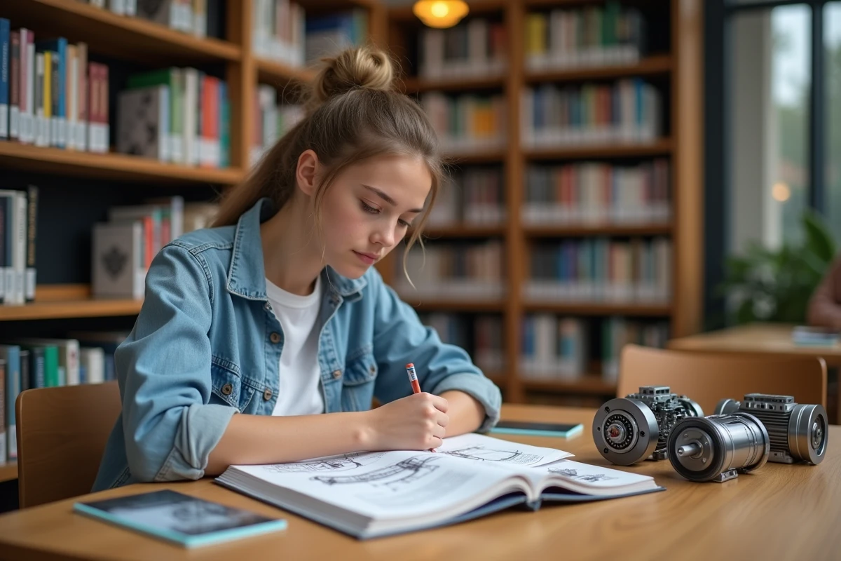 Jeune étudiante en bibliothèque avec modèles de moteurs