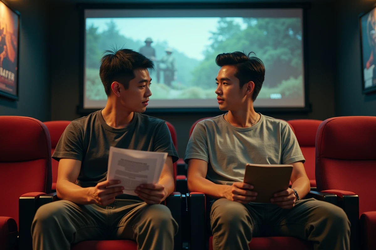 Étudiants en cinéma débattant de films sur la guerre du Vietnam dans une salle de projection universitaire