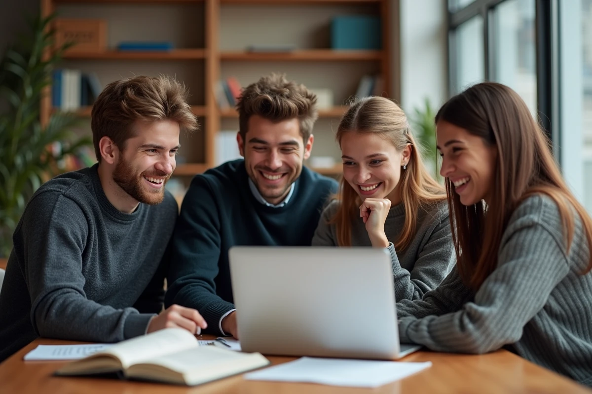 Étudiants en groupe discutant de grammaire française