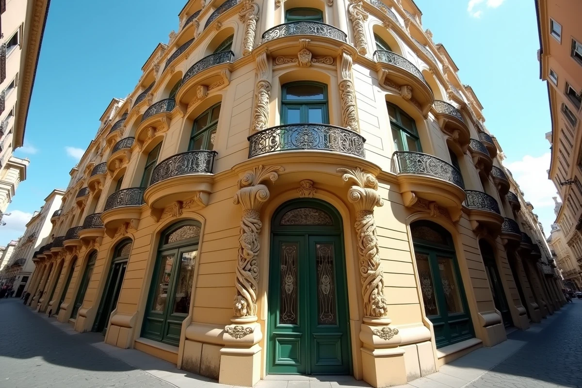Façade Art nouveau ornée de balcons en fer forgé aux motifs floraux et de sculptures en pierre sinueuses sur un bâtiment européen