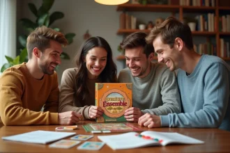 Famille réunie autour du coffret de jeu ETB Aventure Ensemble sur une table en bois
